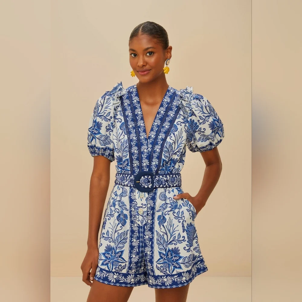 NEW FARM Rio blue & off-white shell garden 100% organic cotton Romper Size Small - Picture 10 of 13